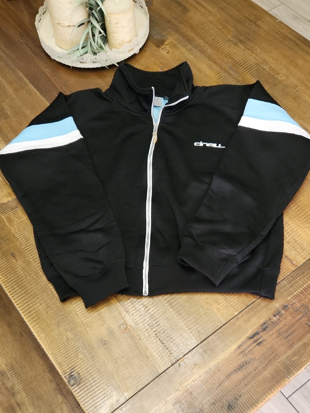 O'Neill Black Zip Jacket with Blue & White Sleeve Stripes Wmens Lrg